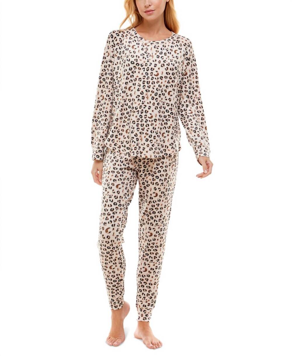 NEW ROUDELAIN women's sleepwear fuzzy luxe lounge set in zodiac leopard crystal
